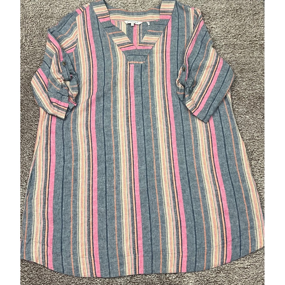 Foxcroft NYC Linen Blend Striped Tunic Top Blue Pink V-Neck Roll Tab 24W